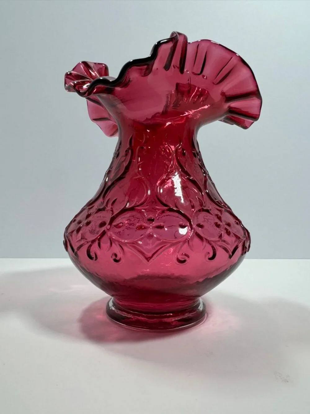 Fenton Vintage Cranberry Glass Heart & Vine Embossed Vase Double Crimped Ruffled
